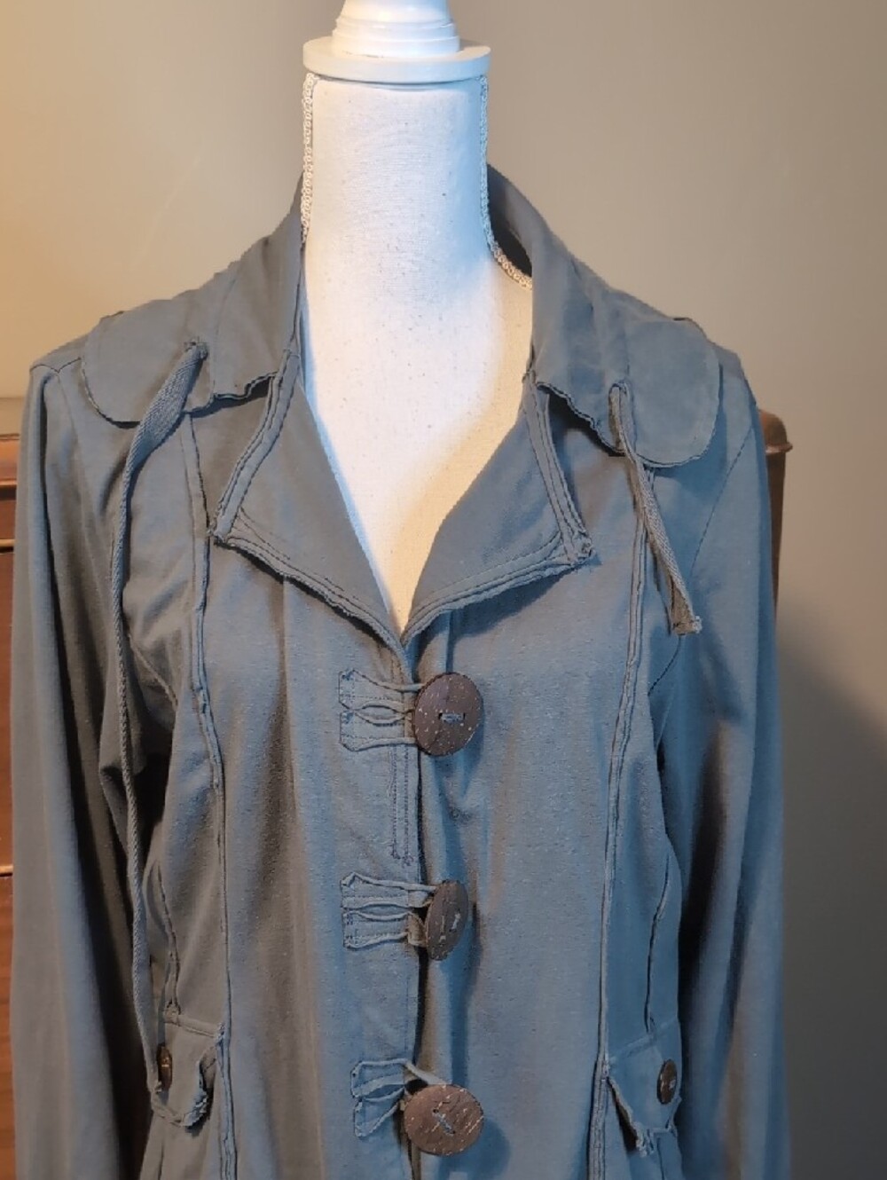 Neon Buddha Sage Green Gray Long Length Yoga Stretch Jacket Wooden Buttons XL - Picture 3 of 16